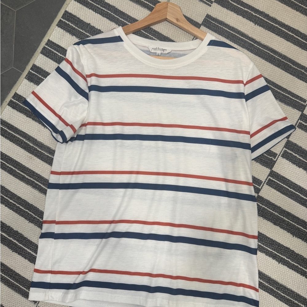 Striped Short Sleeve Tee - White with Blue & Red Stripes